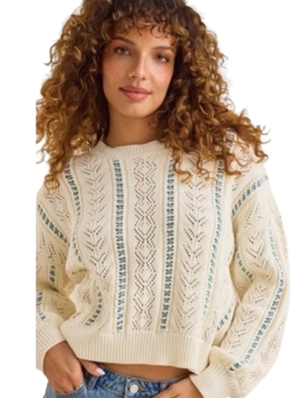 Splendid Cream Knit Cable Sweater with Slate Blue Ribbon Accents Size Medium